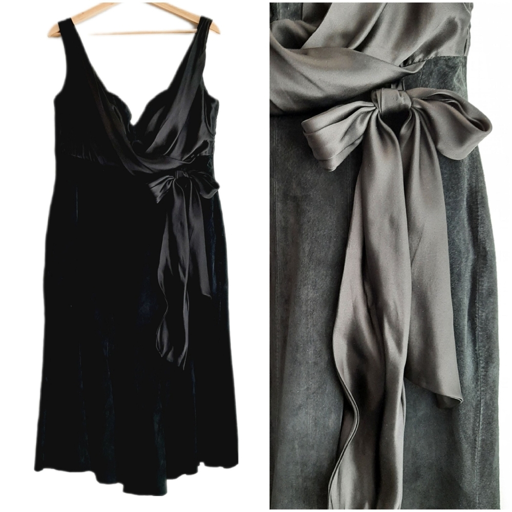 🍒 DANIER Genuine Suede Leather & Silk Drape Midi Dress Sz 14